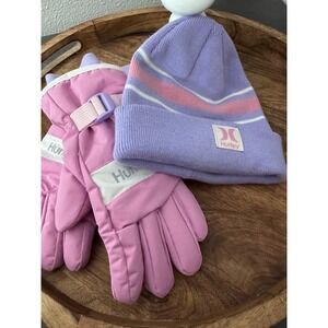Hurley Youth Beanie and Snow Gloves Set Pink Purple Striped Winter Gear